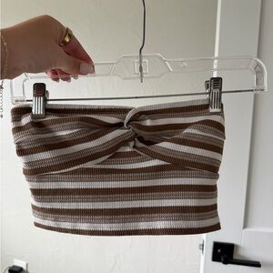 SHEIN Brown and White Striped Twist Front Ribbed Crop Top